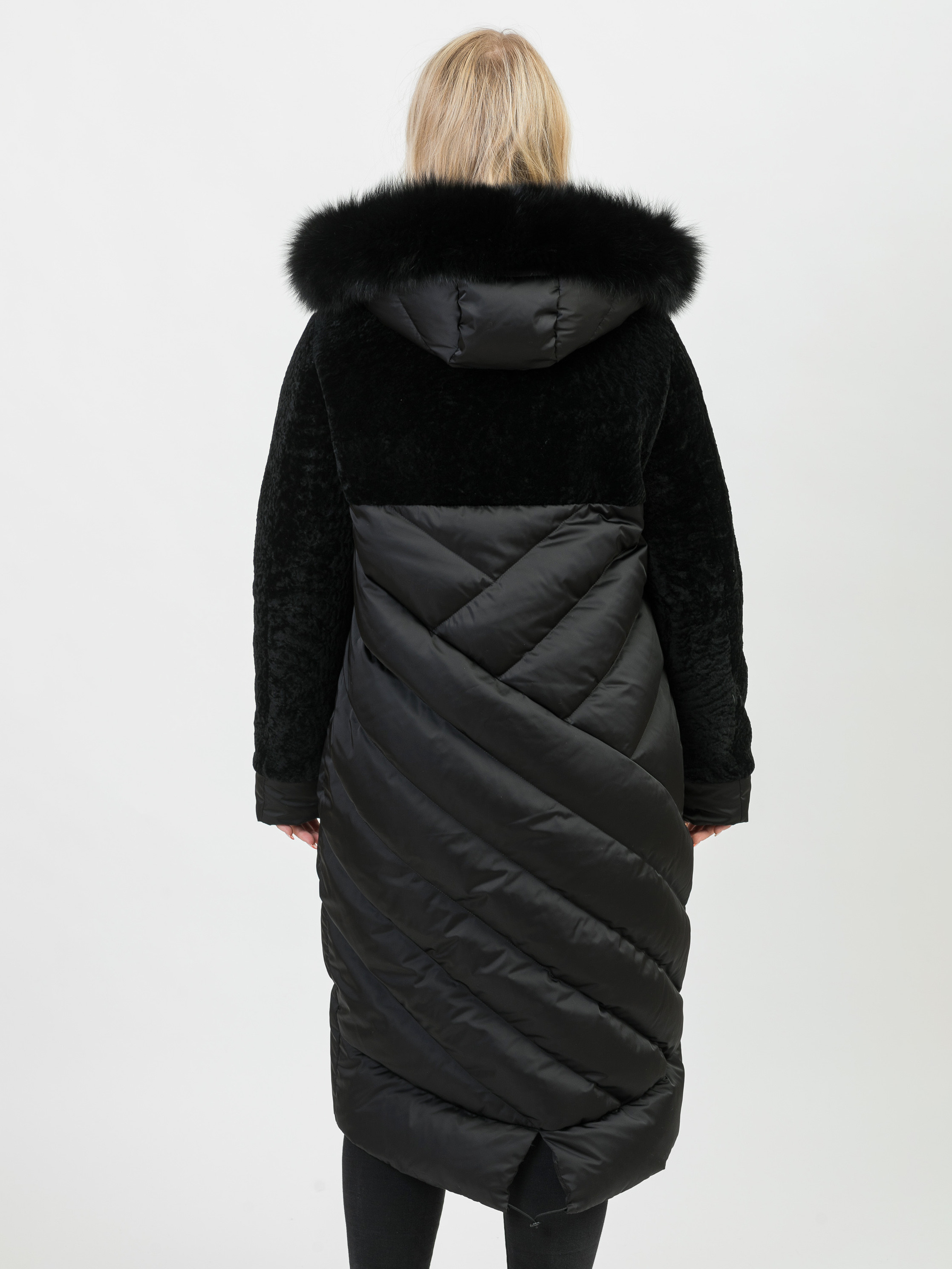 Пальто смесовое астраган+текстиль с капюшоном отделка из меха песца 52818